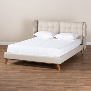 Baxton Studio Baxton Gretchen Queen Size Wingback Bed - Modern Light Beige Upholstery & Walnut Wood Platform Design BBT6917-Light Beige/Walnut-Queen
