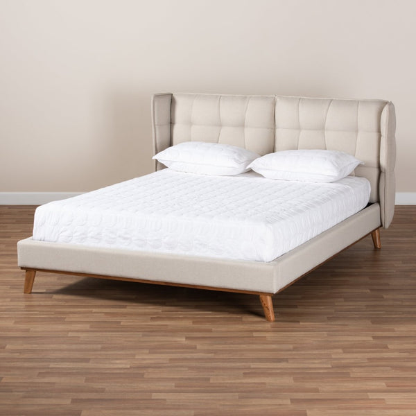 Baxton Studio Baxton Gretchen Queen Size Wingback Bed - Modern Light Beige Upholstery & Walnut Wood Platform Design BBT6917-Light Beige/Walnut-Queen