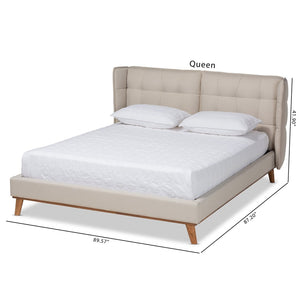 Baxton Studio Baxton Gretchen Queen Size Wingback Bed - Modern Light Beige Upholstery & Walnut Wood Platform Design BBT6917-Light Beige/Walnut-Queen
