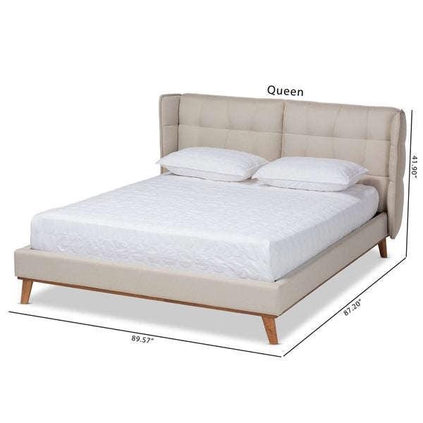 Baxton Studio Baxton Gretchen Queen Size Wingback Bed - Modern Light Beige Upholstery & Walnut Wood Platform Design BBT6917-Light Beige/Walnut-Queen