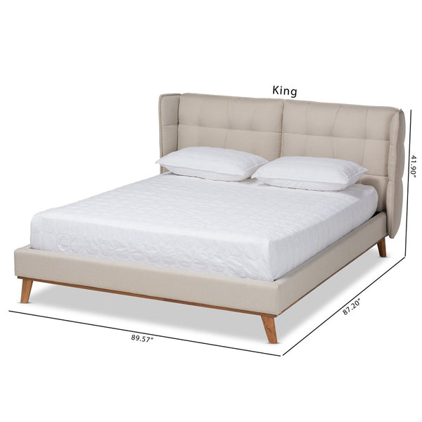 Baxton Studio Baxton Gretchen Queen Size Wingback Bed - Modern Light Beige Upholstery & Walnut Wood Platform Design BBT6917-Light Beige/Walnut-Queen