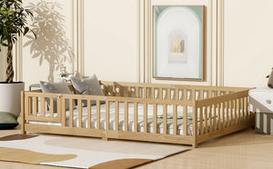 English Elm Queen Floor Bed with Safety Fence and Guardrails, Rubberwood Low Profile Platform for Kids Natural W504P286389