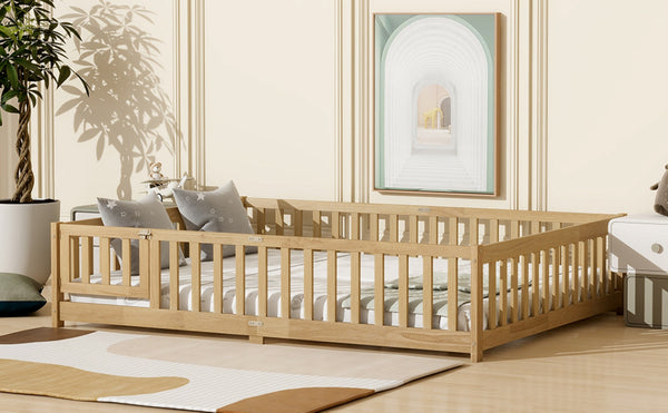 English Elm Queen Rubber Wood Floor Bed with Full Perimeter Safety Fence and Hinged Access Door Natural W504P429341