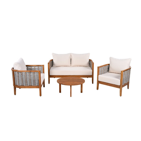 English Elm Outdoor Acacia Tub Sofa Set with Woven Rope Panels Deep Seating Patio Collection N780P24585960G