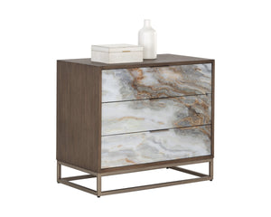 Sunpan Fuentes Oak Veneer Nightstand with Iridescent Acrylic Doors and Brass Base 106749