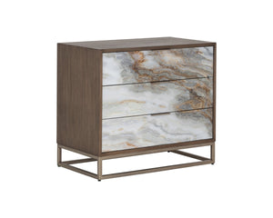 Sunpan Fuentes Oak Veneer Nightstand with Iridescent Acrylic Doors and Brass Base 106749