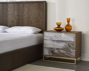 Sunpan Fuentes Oak Veneer Nightstand with Iridescent Acrylic Doors and Brass Base 106749