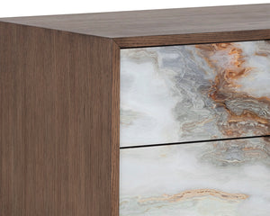 Sunpan Fuentes Oak Veneer Nightstand with Iridescent Acrylic Doors and Brass Base 106749