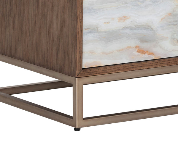 Sunpan Fuentes Oak Veneer Nightstand with Iridescent Acrylic Doors and Brass Base 106749