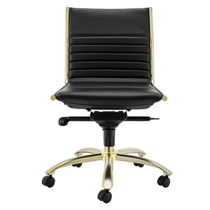 EuroStyle Dirk Armless Low Back Office Chair Leatherette Seat Gold Swivel Base Modern Desk 24D x 21.5W x 37H 10676BLKMBG