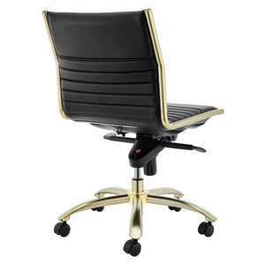 EuroStyle Dirk Armless Low Back Office Chair Leatherette Seat Gold Swivel Base Modern Desk 24D x 21.5W x 37H 10676BLKMBG