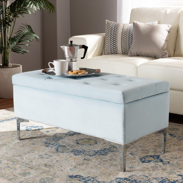 Baxton Studio Baxton Studio Mabel Light Blue Velvet Storage Ottoman with Silver Legs, Tufted Design & Compact Elegance WS-20093-Light Blue Velvet/Silver-Otto