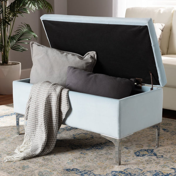 Baxton Studio Baxton Studio Mabel Light Blue Velvet Storage Ottoman with Silver Legs, Tufted Design & Compact Elegance WS-20093-Light Blue Velvet/Silver-Otto