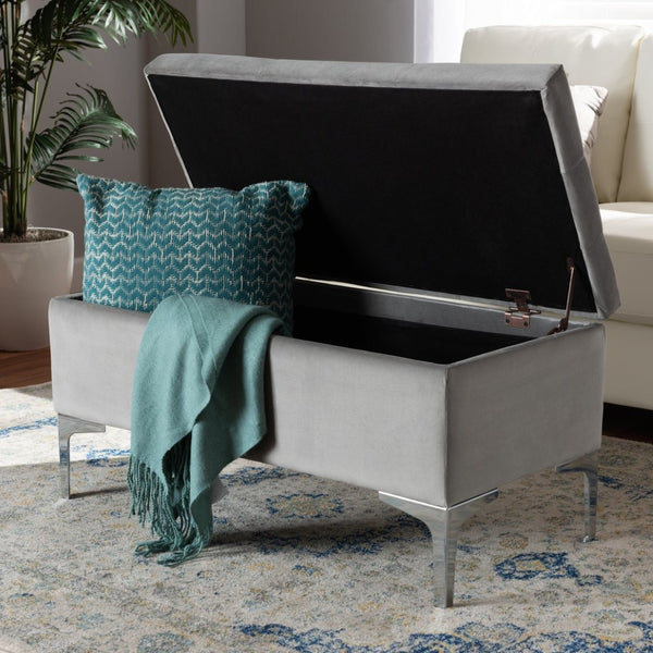 Baxton Studio Baxton Studio Mabel Modern Grey Velvet Storage Ottoman with Silver Legs – Stylish, Functional, Versatile WS-20093-Grey Velvet/Silver-Otto