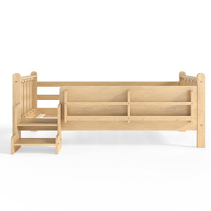 English Elm Twin Pine Floor Bed with Guardrails Built-in Bookcases and Stair Steps for Kids W1580P430184