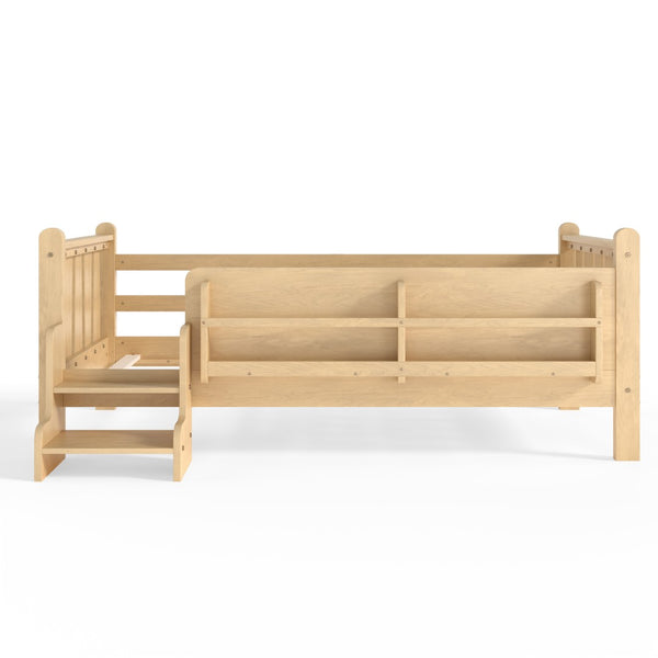 English Elm Twin Pine Floor Bed with Guardrails Built-in Bookcases and Stair Steps for Kids W1580P430184