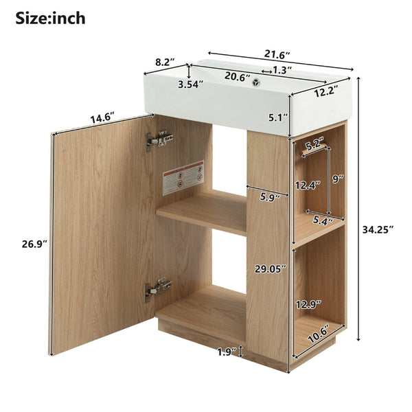 English Elm [video]21.6" Freestanding Bathroom Vanity Ceramic Sink Wavy Door Mdf Cabinet Small Bath Wood N729P285504N