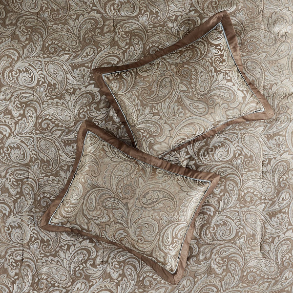 English Elm 12 Piece Madison Park Aubrey Bed Set Full - Jacquard Paisley Comforter, Reversible Sand, 200TC Cotton Sheets, Blue-Taupe Elegance B035128823