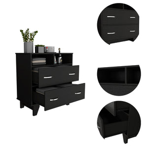 English Elm Portobelo modern two-drawer dresser with open shelves, sturdy top & four legs for stylish storage and display Black 36 L x 21 W x 4 H B128S00109