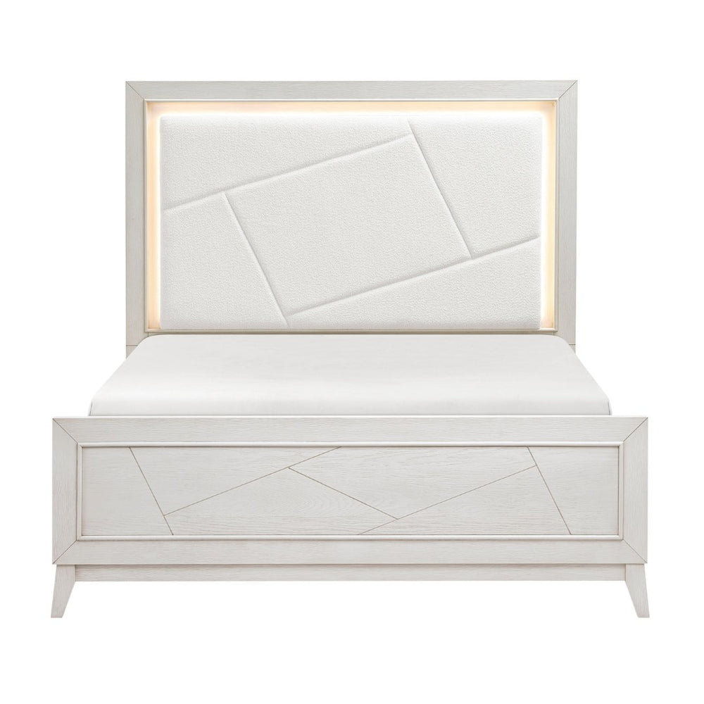 English Elm Antique White Oak Queen Bed Ivory Chenille Headboard Led Glow Geometric Modern B011S01615