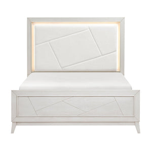 English Elm Antique White Oak Queen Bed Ivory Chenille Headboard Led Glow Geometric Modern B011S01615