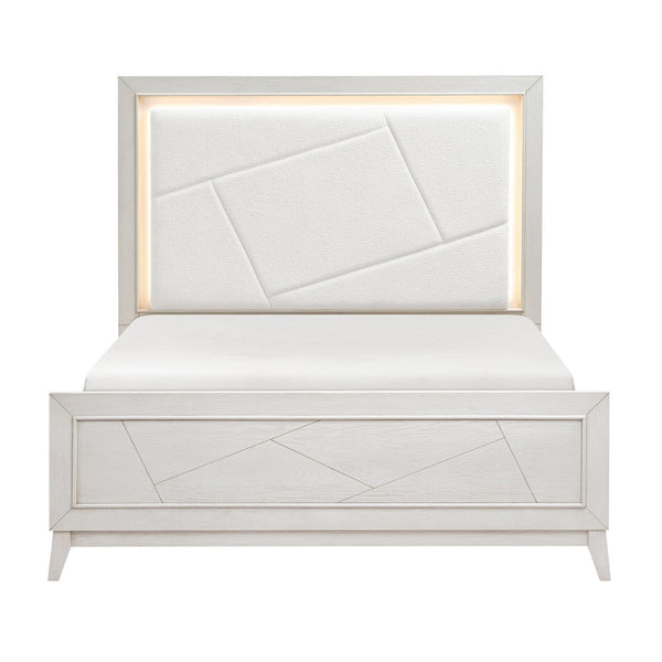English Elm Antique White Oak Queen Bed Ivory Chenille Headboard Led Glow Geometric Modern B011S01615