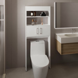 English Elm Over The Toilet Cabinet 63" H White Engineered Wood, Slim 24.56"W x 8"D, Two Shelves, Double Door B097P296806