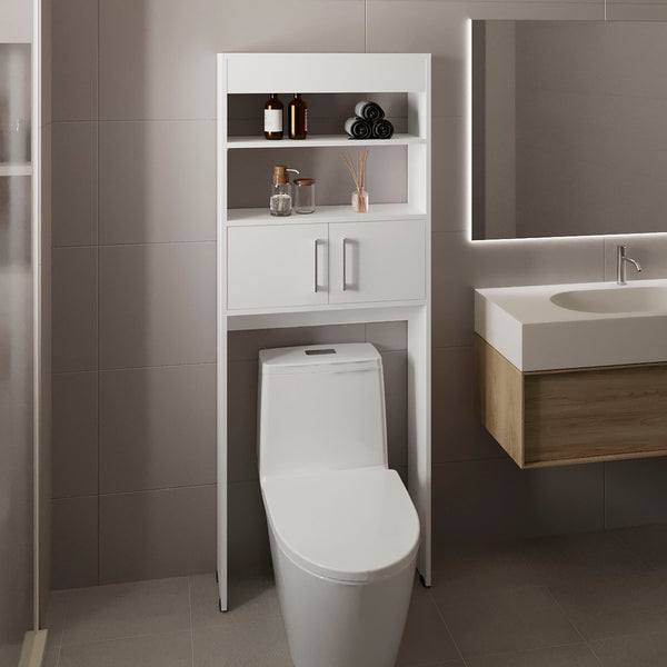 English Elm Over The Toilet Cabinet 63" H White Engineered Wood, Slim 24.56"W x 8"D, Two Shelves, Double Door B097P296806