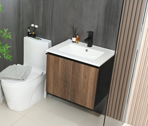 English Elm Goodyo 24" Wall-Mount Floating Bathroom Vanity Cabinet with Soft-Close Doors Stainless Towel Rack Black + Dark Walnut D163120298