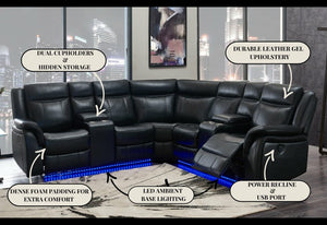 English Elm JUPITER Black Leather Sectional with Blue LED Lighting, Dual Recliners, 63" Total Recline Elegance B201S00129
