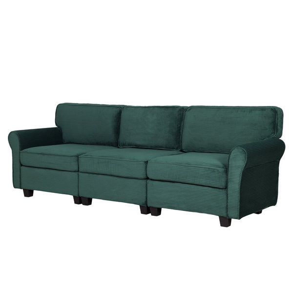 English Elm 94" Corduroy Three Seater Sofa Deep Cushioned Solid Wood Frame Modern Living Room Couch Dark Green W2715S00007