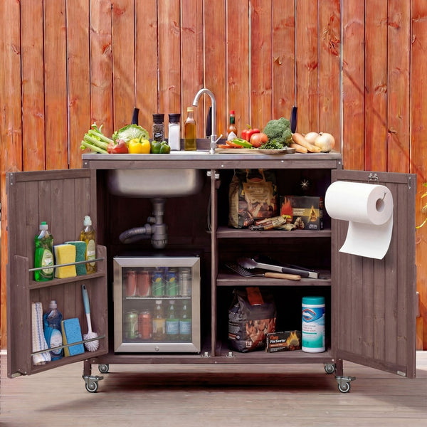 English Elm K&k Outdoor Prep Station Stainless Steel Top Fir Wood Cabinet with Drawer and Wheels N707P370281Z