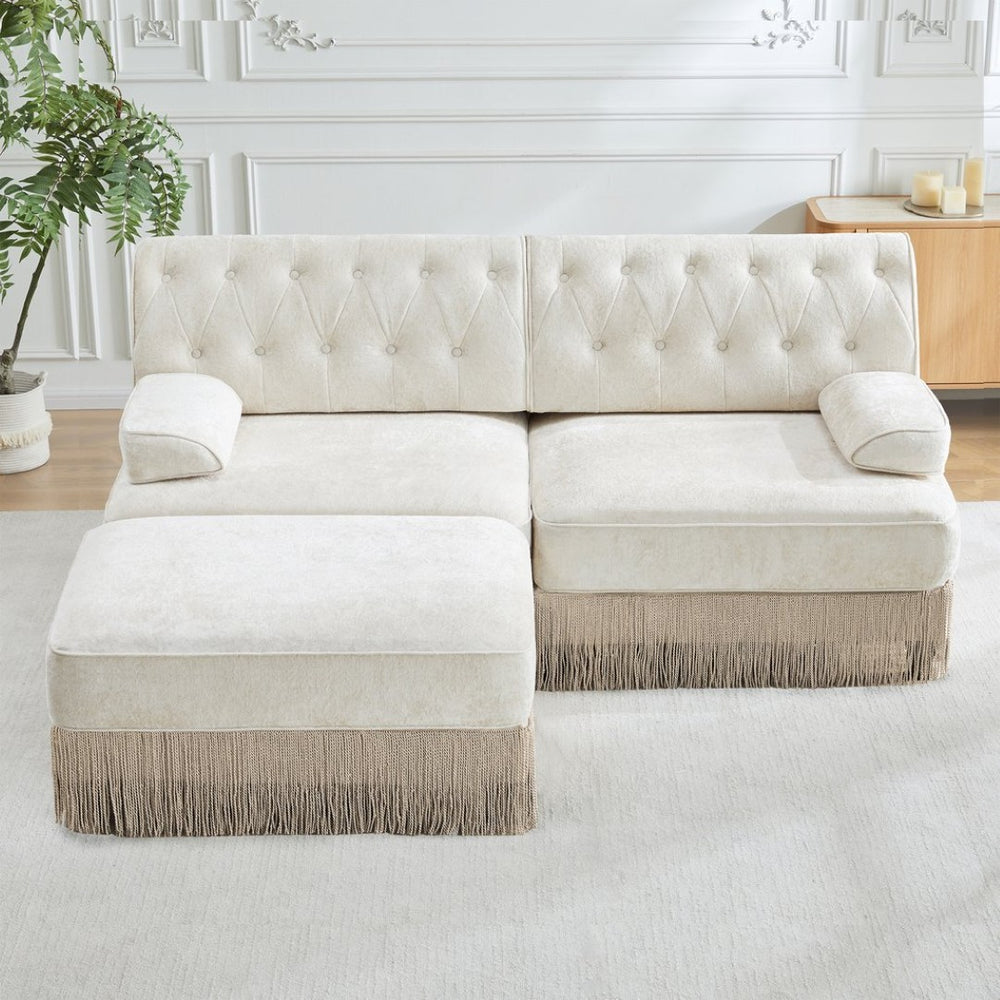 English Elm L-shaped Velvet Chesterfield Sectional Sofa with Tassel Skirt and Tufted Modular Design Beige W714S01682