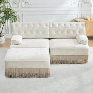 English Elm L-shaped Velvet Chesterfield Sectional Sofa with Tassel Skirt and Tufted Modular Design Beige W714S01682