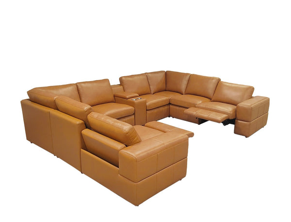 English Elm Premium Leather Match Sectional with Dual Recliners Console and Cup Holders Included Ginger B2748S00155