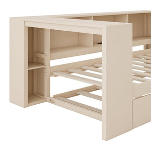 English Elm Wood Twin Platform Bed Linen Headboard Storage Shelves Trundle Charging Station Cream N709P004023C