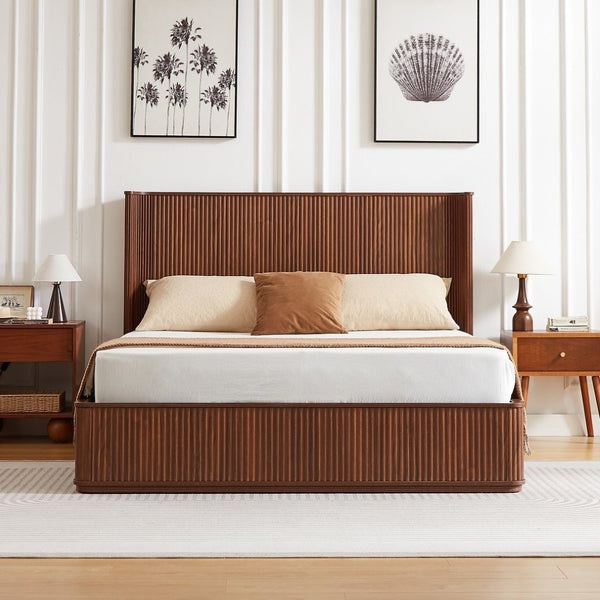 English Elm Natural Fluted Wood Platform Bed Minimalist Queen Frame with Tall Curved Headboard Walnut W5219S00003