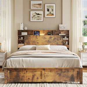 English Elm Wood Queen Platform Bed Bookcase Headboard with Led Lighting and Charging Station W636P444678