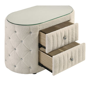 English Elm Santiago Ivory boucle oval nightstand with acrylic tufting, tempered glass top, 2-drawer compact storage B062P375537