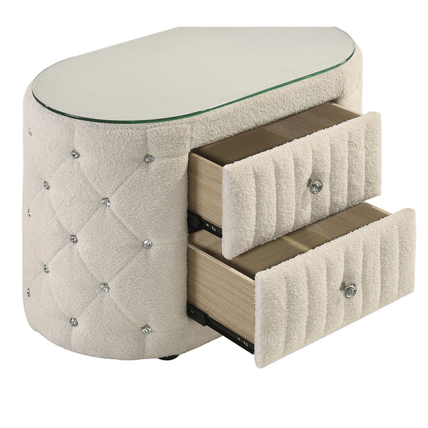 English Elm Santiago Ivory boucle oval nightstand with acrylic tufting, tempered glass top, 2-drawer compact storage B062P375537
