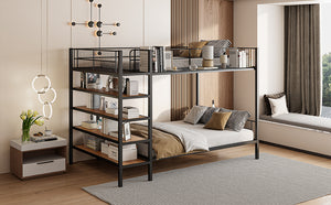 English Elm Twin Twin Over Full Metal Bunk Bed with 5-Tier Staircase Shelves, Space-Saving Storage & Wood Accents Black SF000175AAB