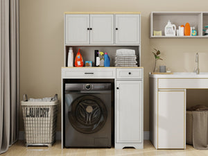 English Elm Over Washer Dryer Laundry Cabinet with Basket Drawer Adjustable Shelves Antique White W1120P338184