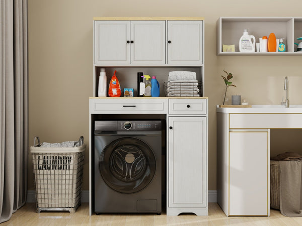 English Elm Over Washer Dryer Laundry Cabinet with Basket Drawer Adjustable Shelves Antique White W1120P338184
