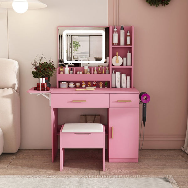 English Elm Vanity Desk with Led Mirror Power Station 3 Drawers Shelves and Makeup Stool W2700P342539