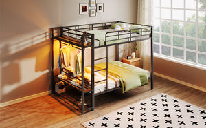 English Elm Full Size Metal Bunk Bed With Led Lighting, Storage Shelves & Hooks - Stylish Space Saver For Teens N7090000667B