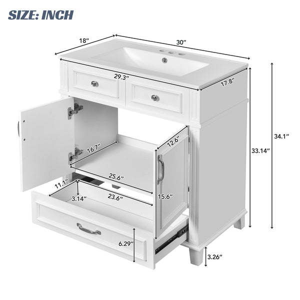 English Elm 30'' Bathroom Vanity with Sink - Retro Solid Wood Frame, Ceramic Basin, Soft-Close Doors & Ample Storage White N710P190656K