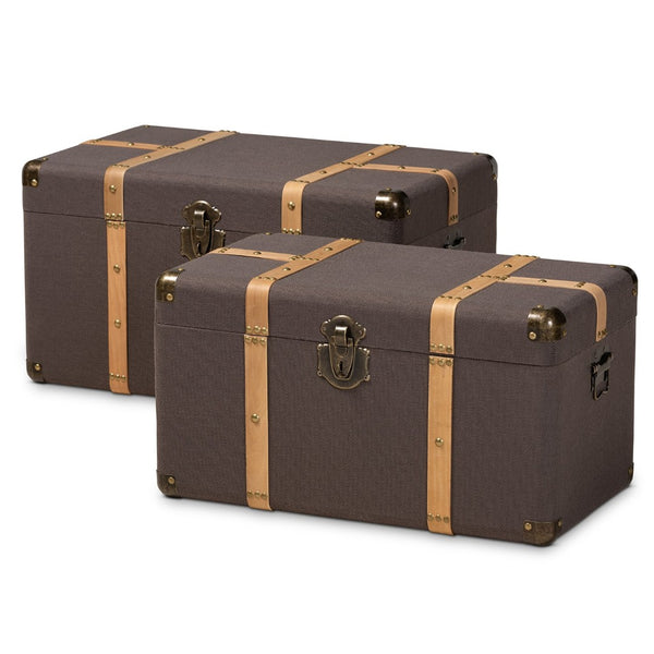 Baxton Studio Baxton Studio Stephen 2-Piece Storage Trunk Set - Stylish Dark Brown Fabric & Oak Finish for Organization R87R537-2PC Ottoman Set