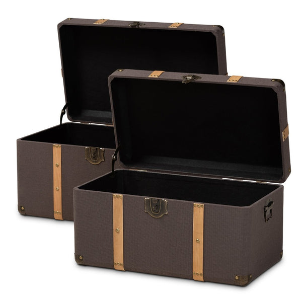 Baxton Studio Baxton Studio Stephen 2-Piece Storage Trunk Set - Stylish Dark Brown Fabric & Oak Finish for Organization R87R537-2PC Ottoman Set