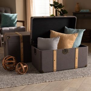 Baxton Studio Baxton Studio Stephen 2-Piece Storage Trunk Set - Stylish Dark Brown Fabric & Oak Finish for Organization R87R537-2PC Ottoman Set