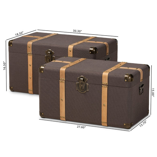 Baxton Studio Baxton Studio Stephen 2-Piece Storage Trunk Set - Stylish Dark Brown Fabric & Oak Finish for Organization R87R537-2PC Ottoman Set